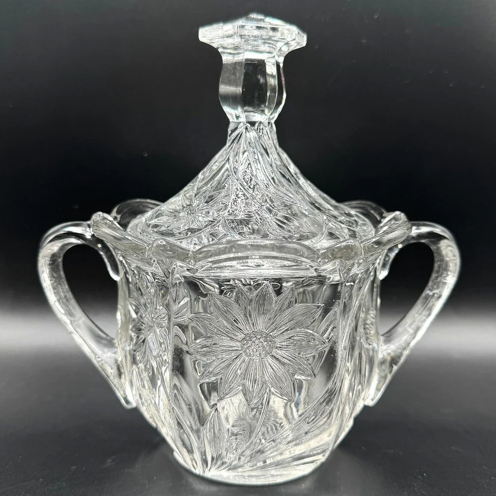 Vtg. Pressed Glass Sunflower Large Lidded Sugar Bowl Clear‎ Floral Double Handle